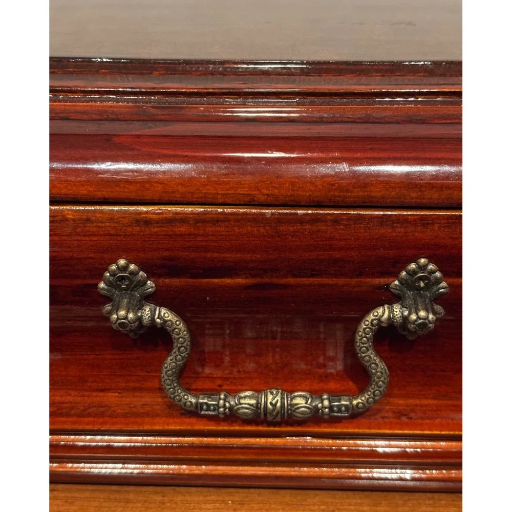 Vintage Wooden Keepsake Jewelry Box Cherry Finish Velvet Lined Brass Latch 11.5